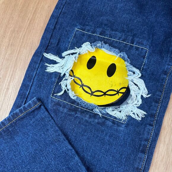Shein Rock Baby Jeans Women’s L Blue Denim Smiley Face Patch Distressed Y2K - Picture 3 of 8